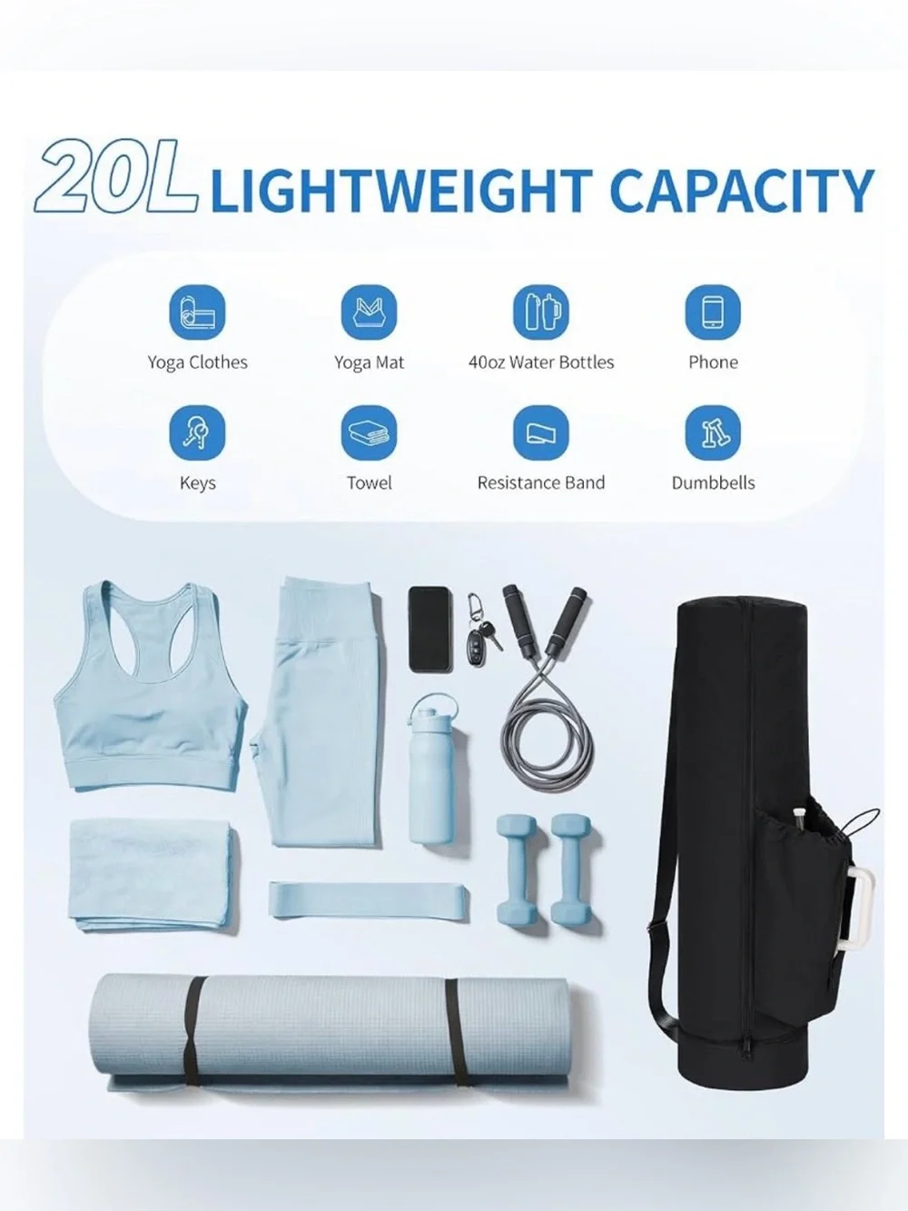 Black Full-Zip Yoga Mat Bag Gym Tote w/ Water Bottle Pocket & Wet Compartment